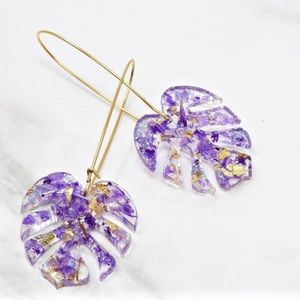 Purple & Gold Monstera Resin Hoops | Handmade